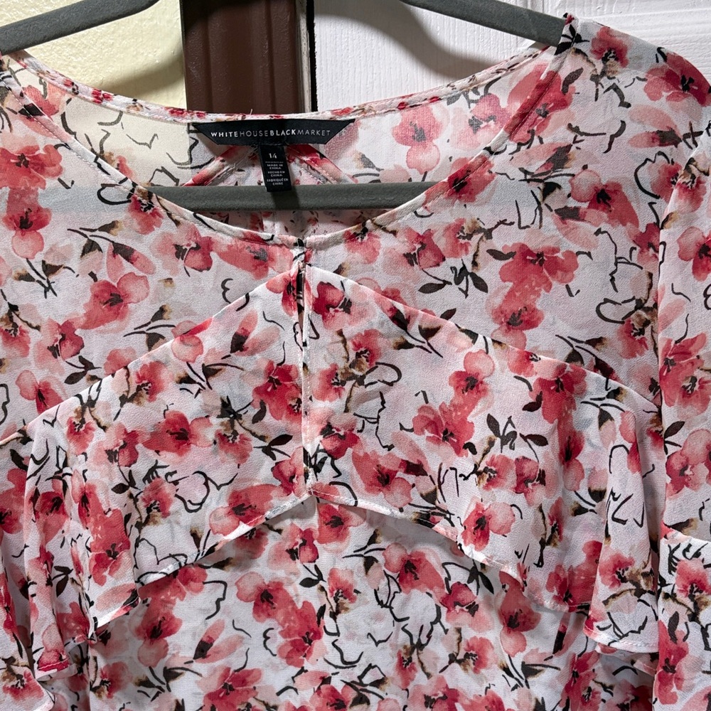 White House Black Market Pink Floral Sheer Ruffle Blouse - Picture 9 of 12